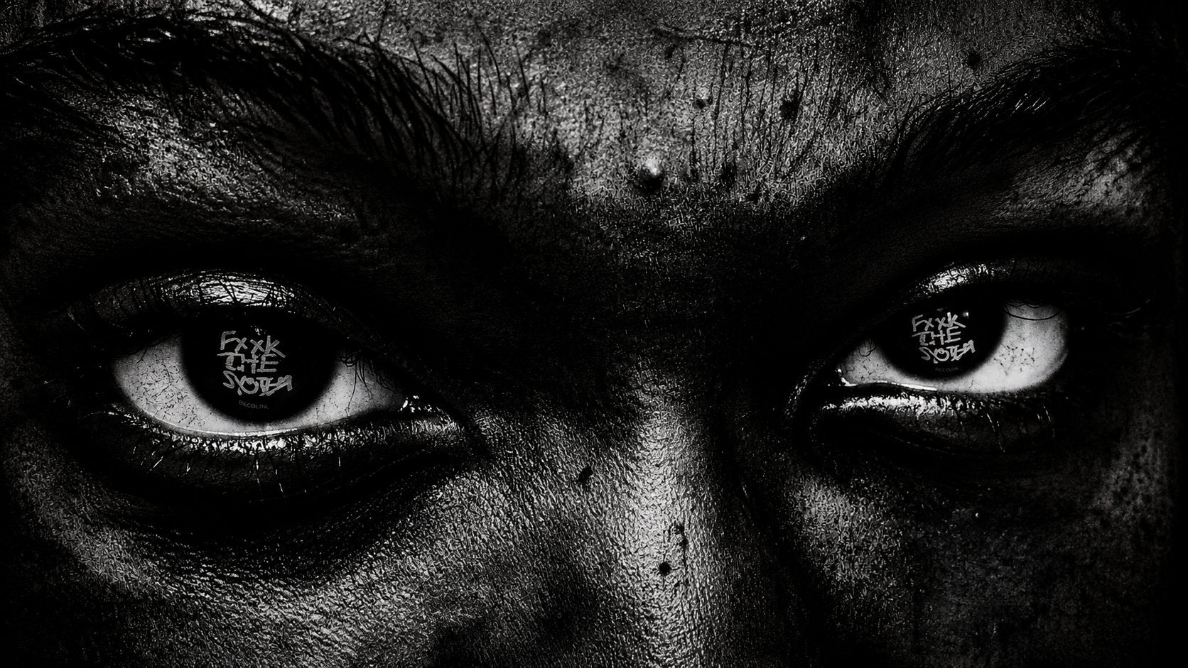 SCUM campaign — black and white close-up of eyes
